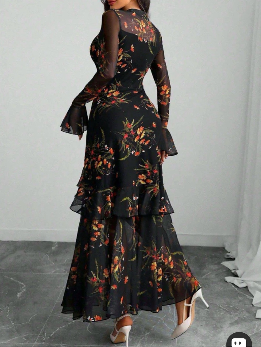 Black Floral Long Sleeve Ruffled Maxi Dress - Picture 2 of 7